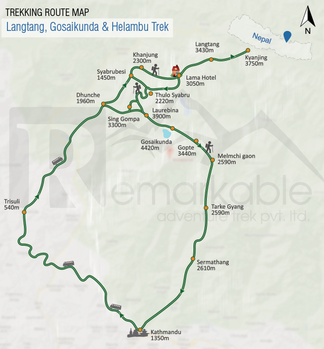 Langtang & Helambu Trek Trip Map, Route Map